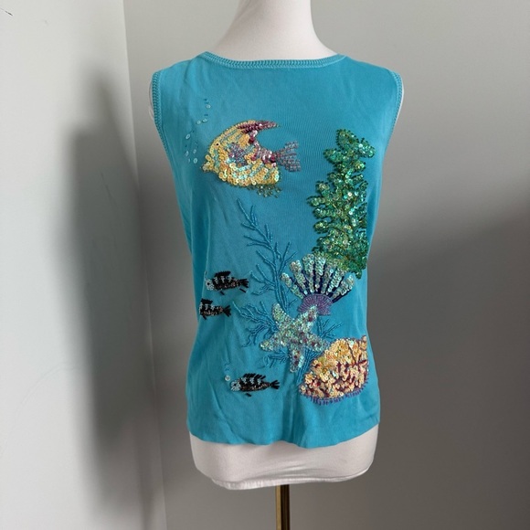 Vintage Beaded Sequin Tank Top Ocean Coral Reef Bejeweled Y2K Mermaidcore M - Picture 4 of 8